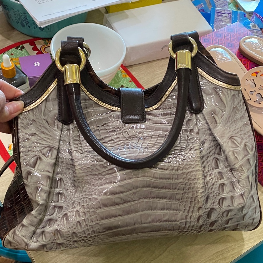 Brahmin Metallic Gray and brown Crocodile-Embossed Shoulder Bag and Wallet - Picture 5 of 10